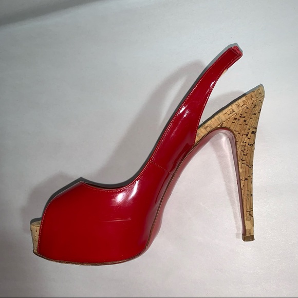 CHRISTIAN LOUBOUTIN size 39 red patent leather peep toe SLINGBACK platform HEELS - Picture 10 of 12
